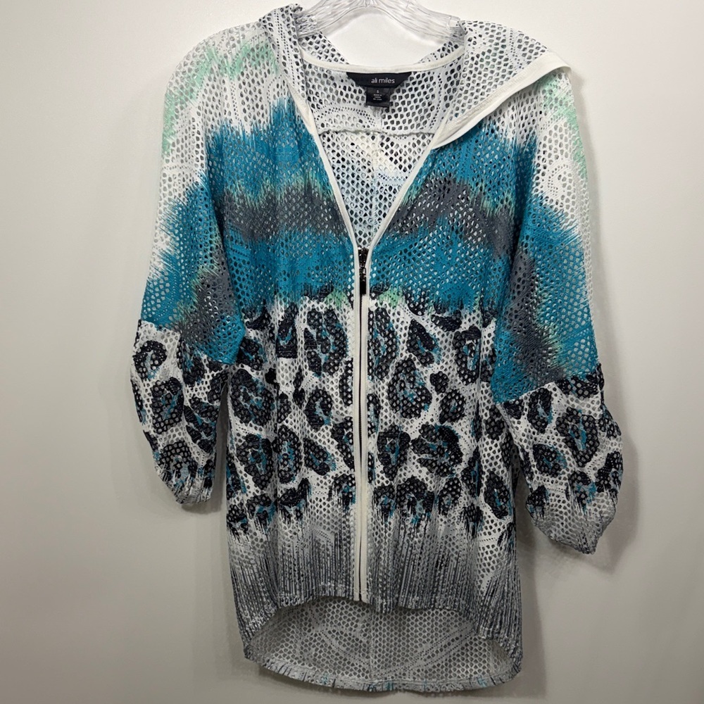 Ali Miles Net Mesh hooded zip up jacket leopard print size small.